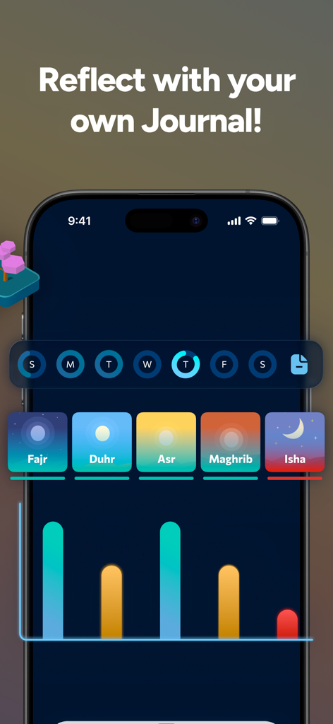 Just Pray: Track Muslim Prayer - Interface do aplicativo Just Pray mostrando um diário de oração com um gráfico de barras para rastrear o progresso espiritual