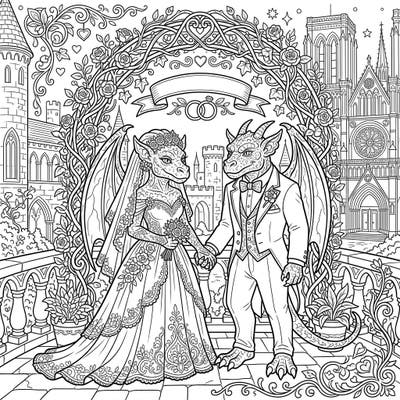 Step into a world where fantasy meets romance with this enchanting gargoyle wedding coloring page. Featuring a detailed bride and groom, this scene invites you to add vibrant hues to their special day amidst grand gothic architecture.
