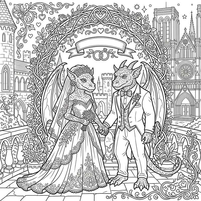 Step into a world where fantasy meets romance with this enchanting gargoyle wedding coloring page. Featuring a detailed bride and groom, this scene invites you to add vibrant hues to their special day amidst grand gothic architecture.