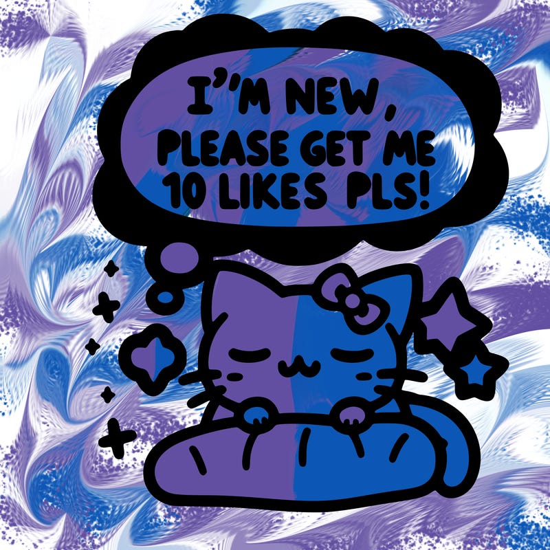 kitty taking a nap dream talking and saying "i'm new, please get me at least 10 likes pls!!"