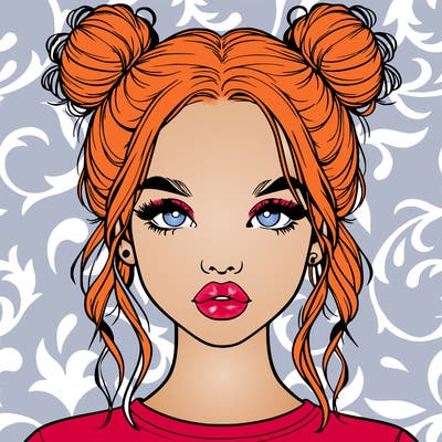 realistic girl with two buns in hair and lips
