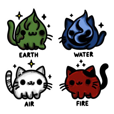 4 cats that represent the different elements, earth, water, air, and fire