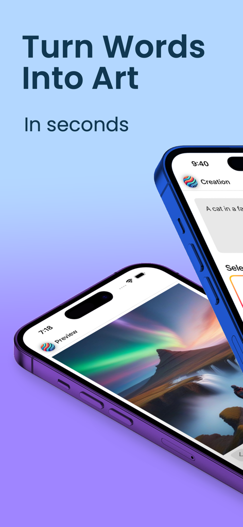 The AI Art Generator :Comfy UI - Una interfaz de aplicación móvil para generar arte IA a partir de prompts de texto con una vista previa de paisaje en un iPhone.