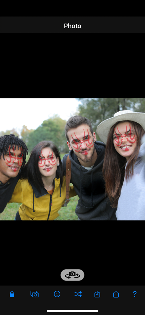 AR Mask - Four people with red kabuki AR masks on their faces