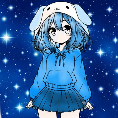 pretty anime girl wearing a fluffy hoodie with bunny ears on the hood and a skirt