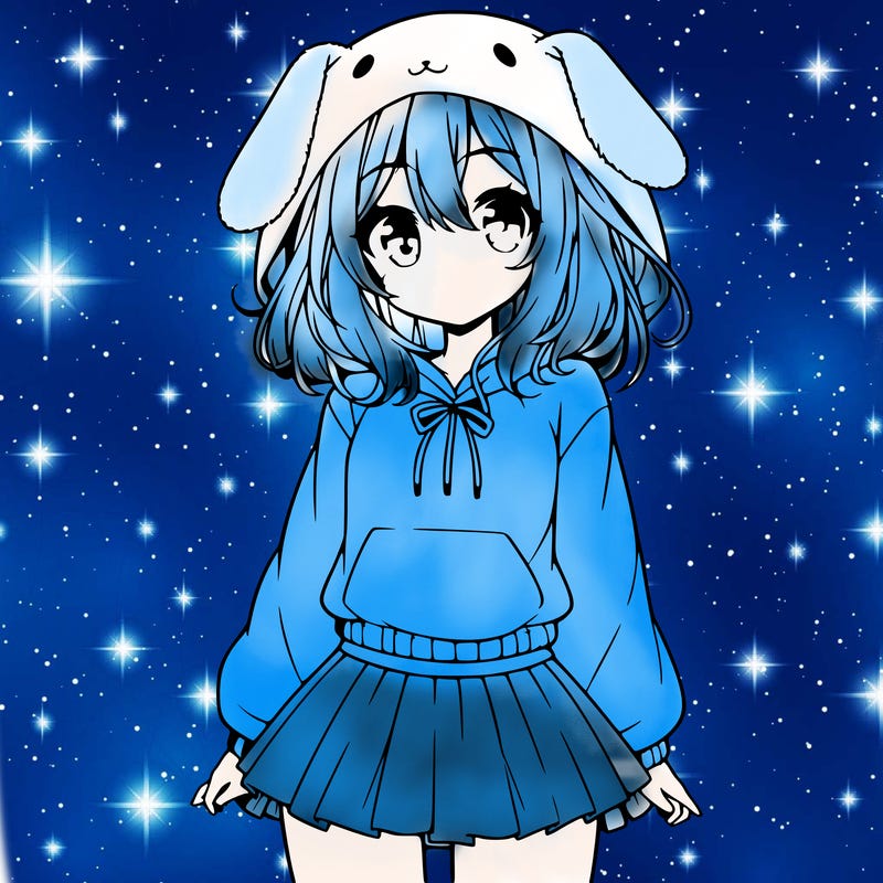 pretty anime girl wearing a fluffy hoodie with bunny ears on the hood and a skirt