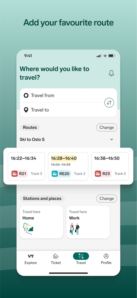 Vy app journey planner screen showing train routes from Ski to Oslo.