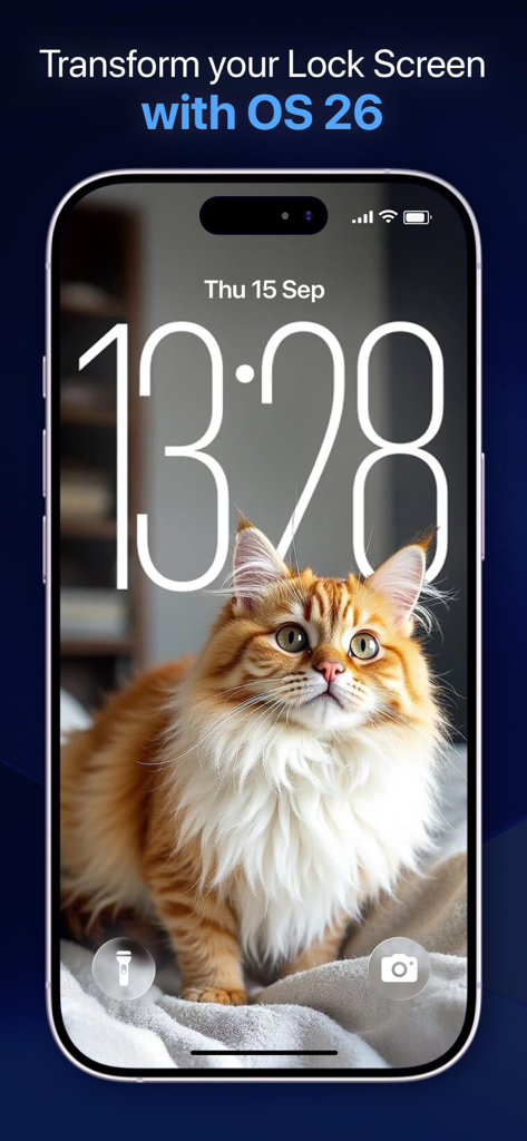 Spatial Wallpapers 3D - iPhone lock screen featuring a fluffy ginger cat wallpaper with a 3D depth effect