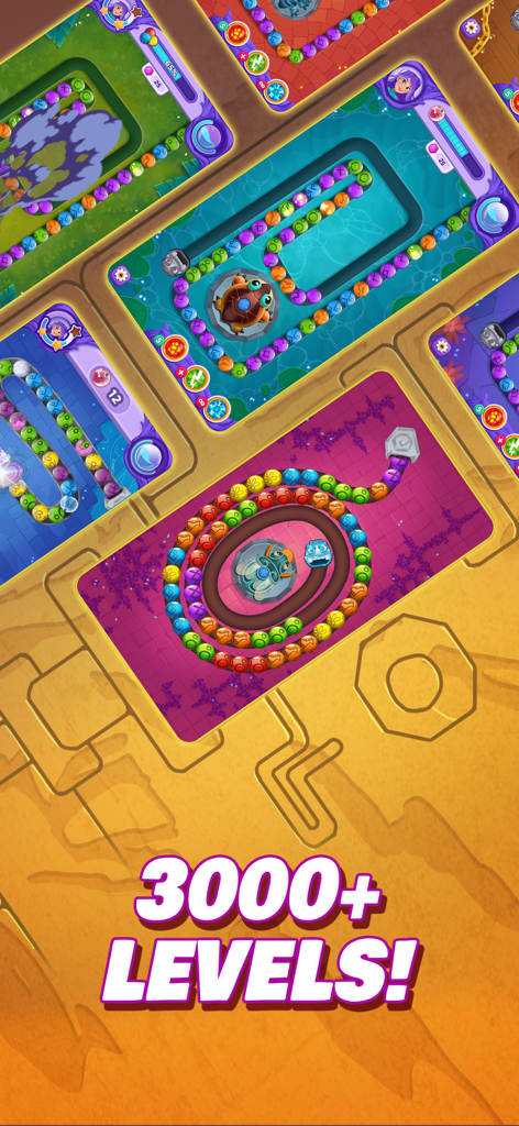 Collage de diversos niveles de explosión de canicas en Viola's Quest que muestra más de 3000 etapas disponibles