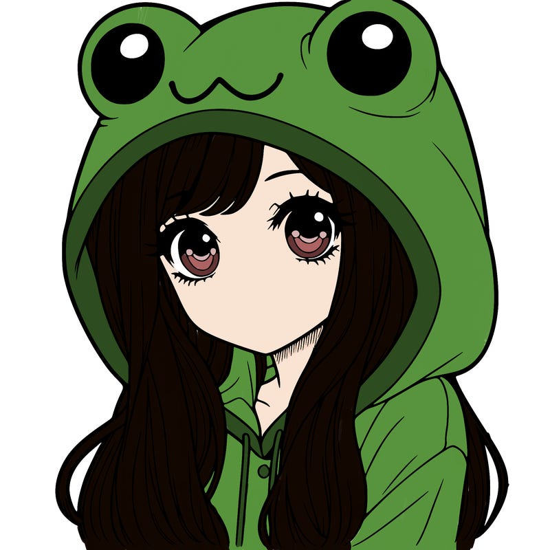 a pretty girl wearing a frog hoodie portrait with long hair