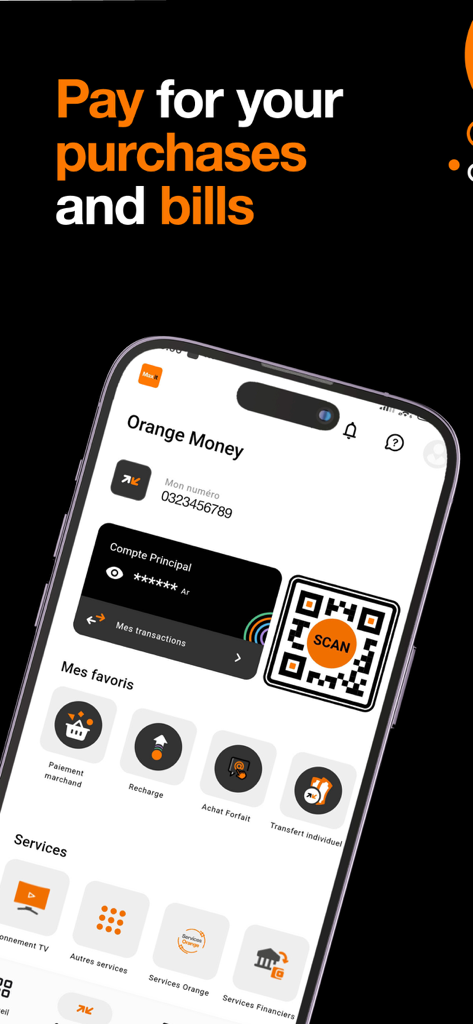 Orange Max it - Madagascar - Interface de l'application Orange Max it affichant les fonctionnalités Orange Money pour le paiement de factures et les services mobiles
