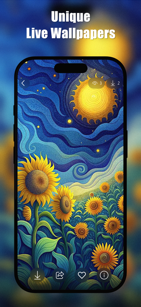An artistic sunflower field illustration displayed as a live wallpaper on an iPhone screen