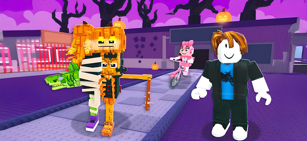 A group of colorful Roblox-style characters in a purple Halloween setting with pumpkins