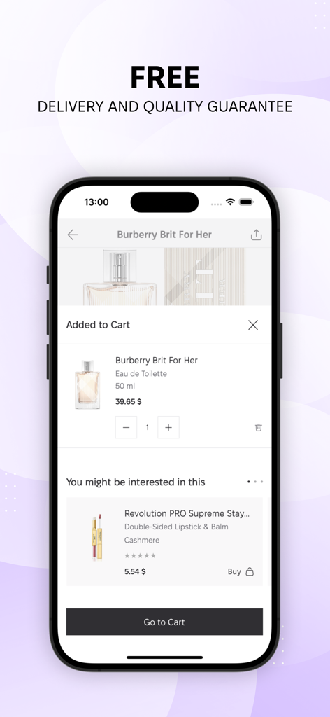 Interface du panier d'achat de l'application MAKEUP avec le parfum Burberry et des recommandations de produits.