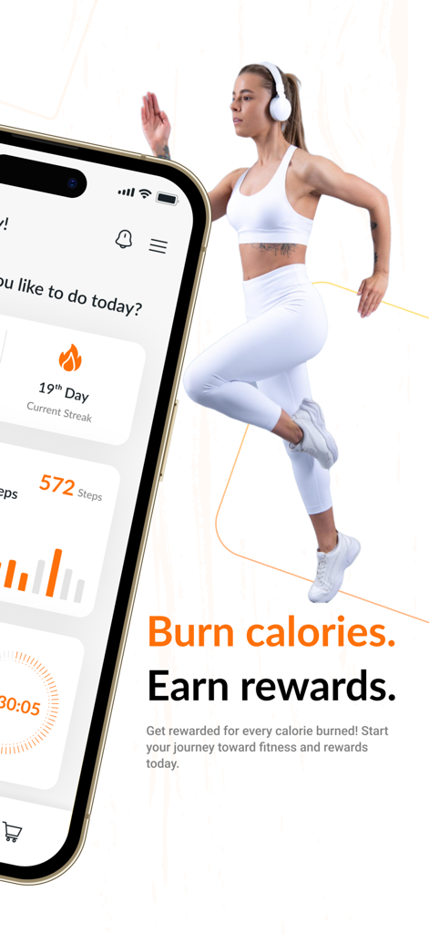 Fitburn - A woman in white gym wear exercising next to a phone screen displaying the Fitburn app tracking steps and streaks