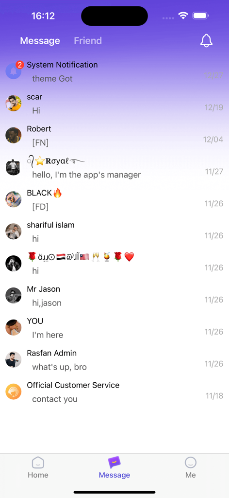 4Party- voice group chat rooms - Screenshot of the message inbox screen in the 4Party app showing a list of private conversations and system notifications