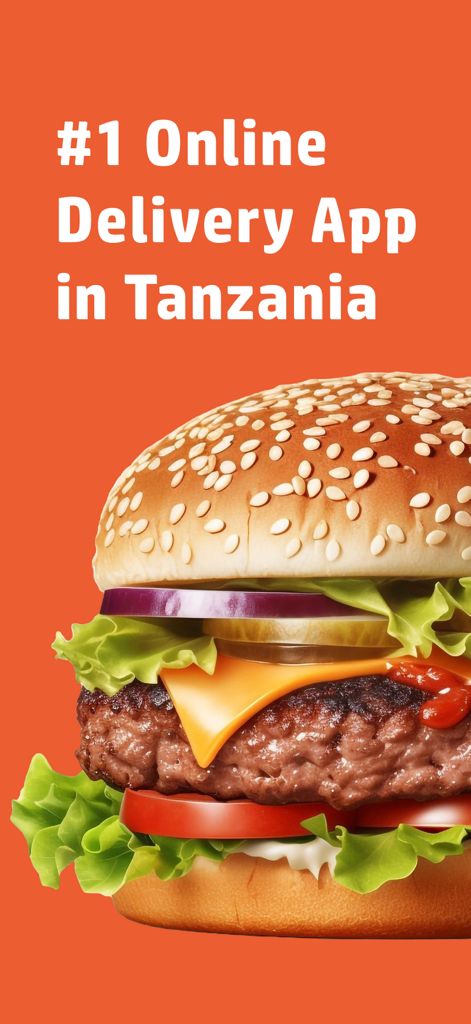 Piki: Food, Drinks & Groceries - A close up of a beef burger with cheese and lettuce advertising Piki as the number one online delivery app in Tanzania