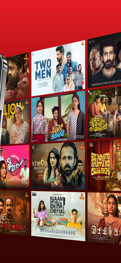 A grid display of various Malayalam movie posters within the Saina Play streaming app