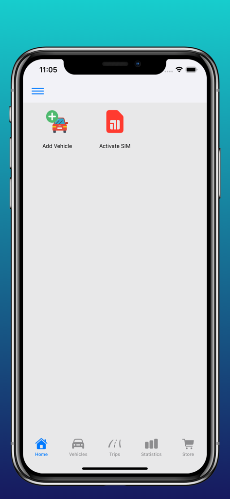 TrackX.io - Interface inicial do aplicativo TrackX com opções para adicionar um veículo e ativar um cartão SIM