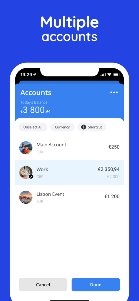 Moneyboard Budget Planner Bill - Moneyboard app interface showing multiple accounts and multi-currency support on an iPhone screen