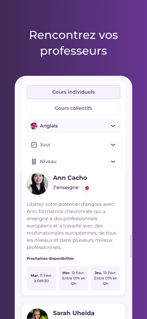 GlobalExam - Cours de langues - Interface de l'application GlobalExam montrant le profil d'un professeur d'anglais natif avec des options pour réserver des cours individuels ou en groupe