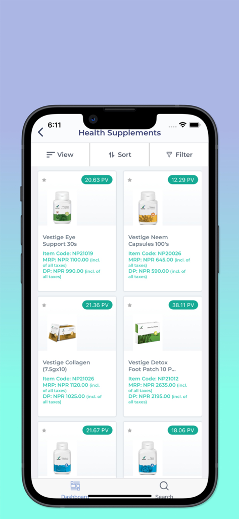 Pantalla de la aplicación Healthy Living Nepal que muestra suplementos para la salud con valores de puntos y precios