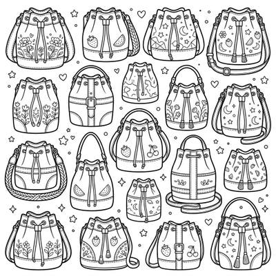 Dive into a world of fashion fun with our delightful bucket bag coloring page, specially designed for young artists. Featuring a variety of charming designs from fruity patterns to starry nights, this printable offers hours of creative enjoyment for kids.