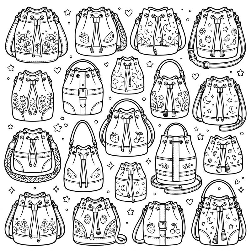 Dive into a world of fashion fun with our delightful bucket bag coloring page, specially designed for young artists. Featuring a variety of charming designs from fruity patterns to starry nights, this printable offers hours of creative enjoyment for kids.