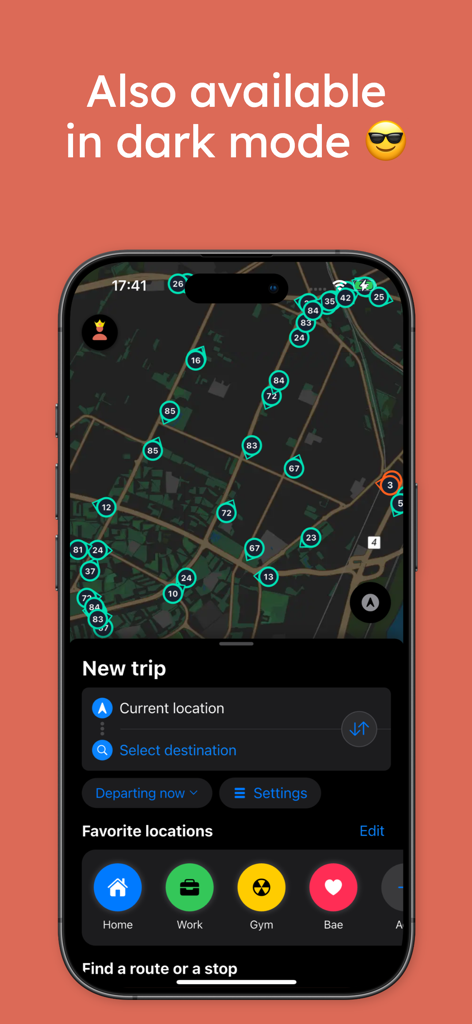 Vedu - Tallinn Transport - Interface do aplicativo Vedu no modo escuro mostrando rastreamento de transporte público em tempo real em um mapa de Tallinn.