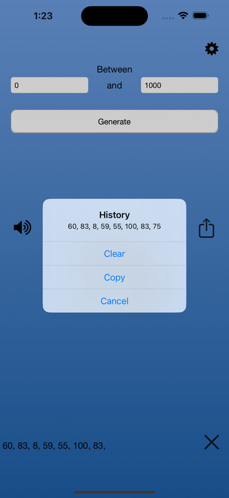 The Random Number Generator - A interface do aplicativo Random Number Generator exibindo um histórico de números gerados entre 0 e 1000