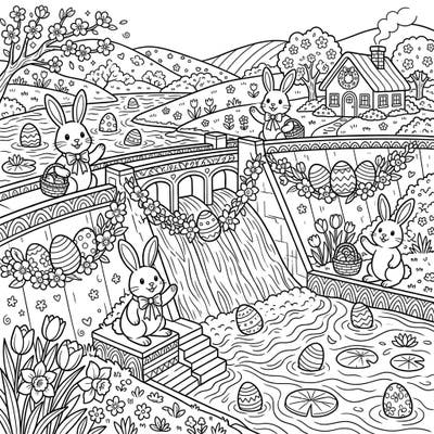 Celebrate Easter in a truly unique way with this charming coloring page, where festive bunnies and decorated eggs transform a grand river dam. Immerse yourself in a detailed springtime scene, perfect for bringing vibrant colors to life.