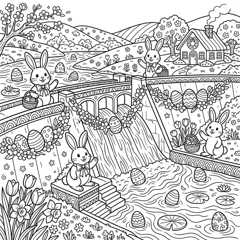 Celebrate Easter in a truly unique way with this charming coloring page, where festive bunnies and decorated eggs transform a grand river dam. Immerse yourself in a detailed springtime scene, perfect for bringing vibrant colors to life.