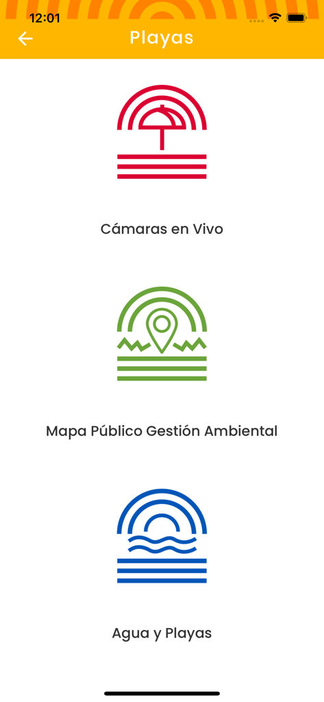 Turismo Canelones - Tela do aplicativo Turismo Canelones mostrando opções de praia, incluindo câmeras ao vivo e mapas ambientais