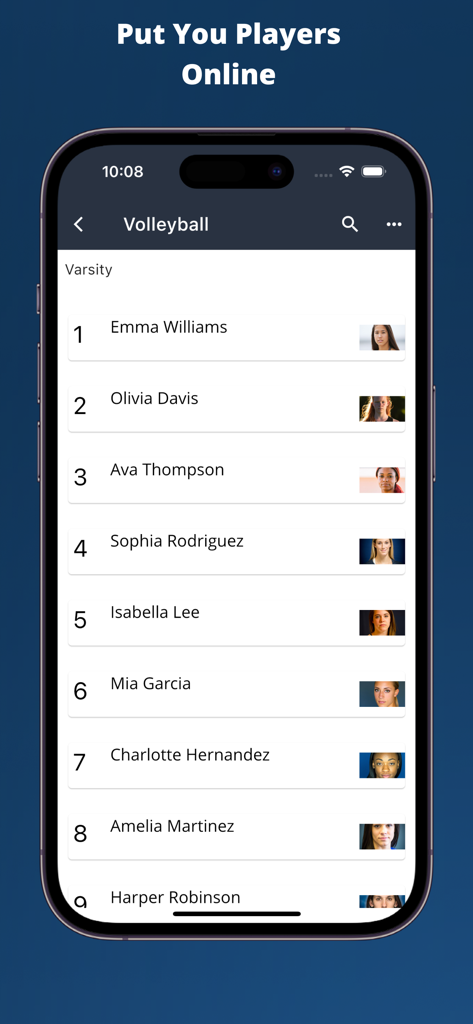 Mobile app display of a varsity volleyball team roster showing player names, jersey numbers, and profile photos.