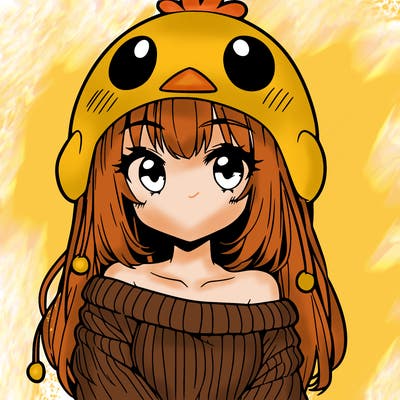 anime girl with chick shaped hat with sweater with bare shoulders with bangs covering them one eye with low tail