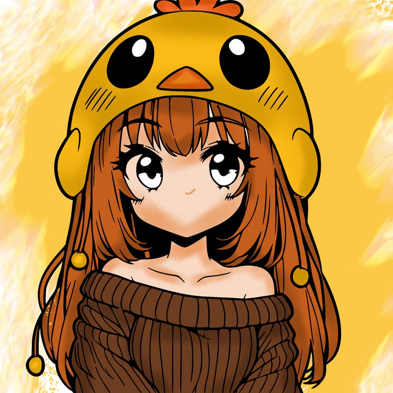 anime girl with chick shaped hat with sweater with bare shoulders with bangs covering them one eye with low tail