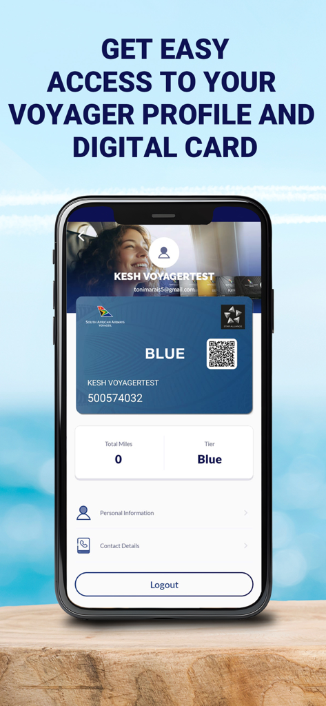 South African Airways - Digital Voyager loyalty card and profile screen in the South African Airways app