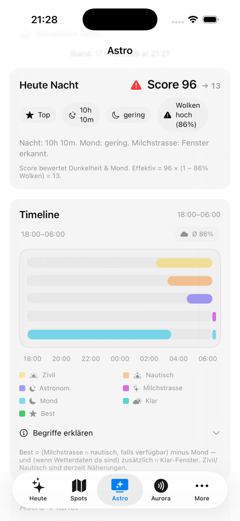 NightLens - NightLens 앱 인터페이스로 밤 사진 촬영 조건의 타임라인 및 점수 표시