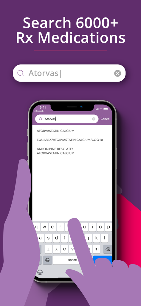 RxSaver Prescription Discounts - RxSaver app interface showing a search for over 6000 prescription medications.