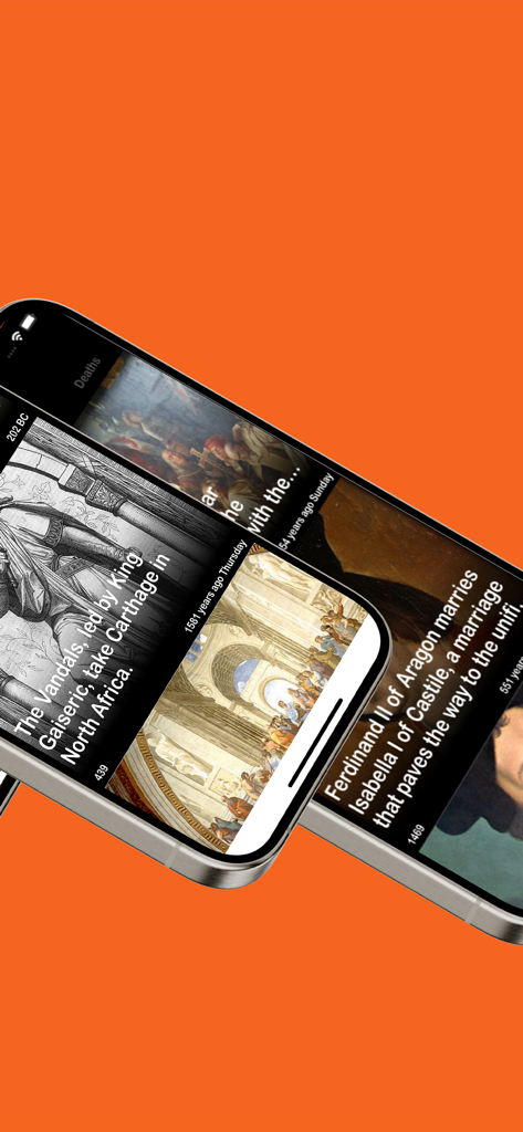 Two mobile phones showcasing historical event cards in the History app.