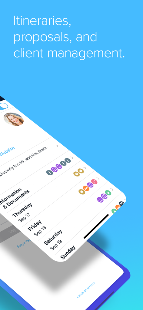 Travefy Pro mobile app interface displaying itineraries, proposals, and client management features for travel advisors.