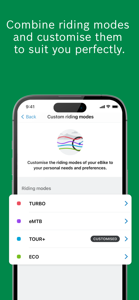 Oberfläche der eBike Flow App mit Optionen zur Anpassung von Fahrmodi wie Turbo, eMTB und Eco