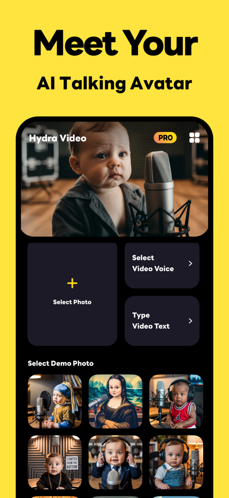 Hydra Talking Video Creator - Interface do aplicativo Hydra Talking Video Creator mostrando opções para criar avatares de bebês falantes com IA em estilo podcast.