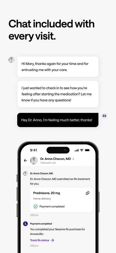 Sesame: Telehealth Care & More - Sesame app interface showing doctor chat and prescription tracking for telehealth visits.
