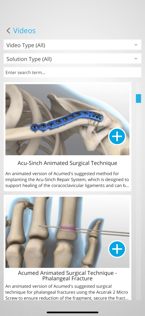 Acumedモバイルアプリのインターフェース。整形外科手術のためのアニメーション手術手技ビデオのリストが表示されています。
