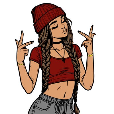 realistic teenage girl with braids and a beanie and crop top doing 🫶🏼