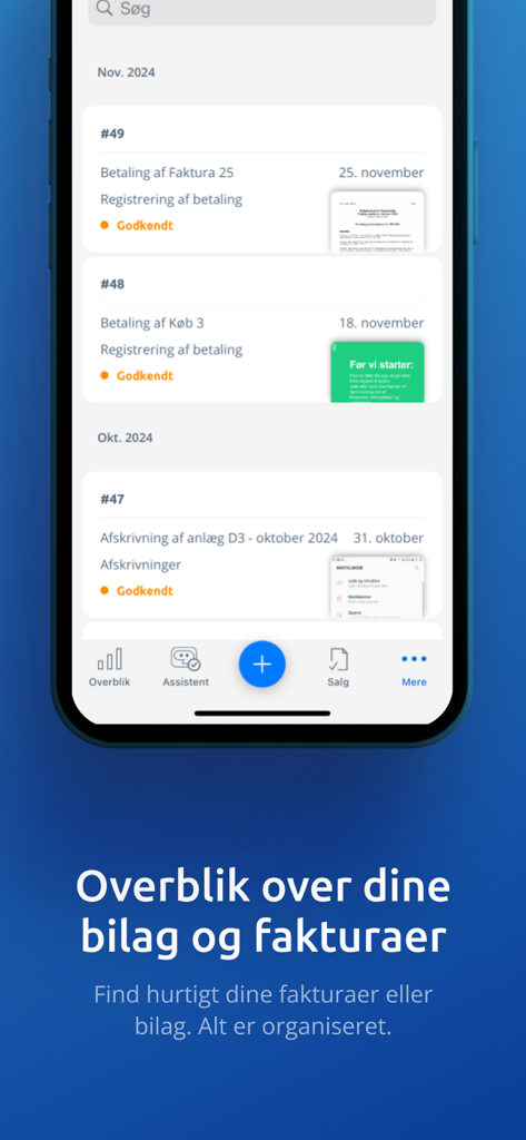 Dinero Regnskabsprogram - Mobile app screen showing a chronologically organized list of approved invoices and receipts with status indicators.