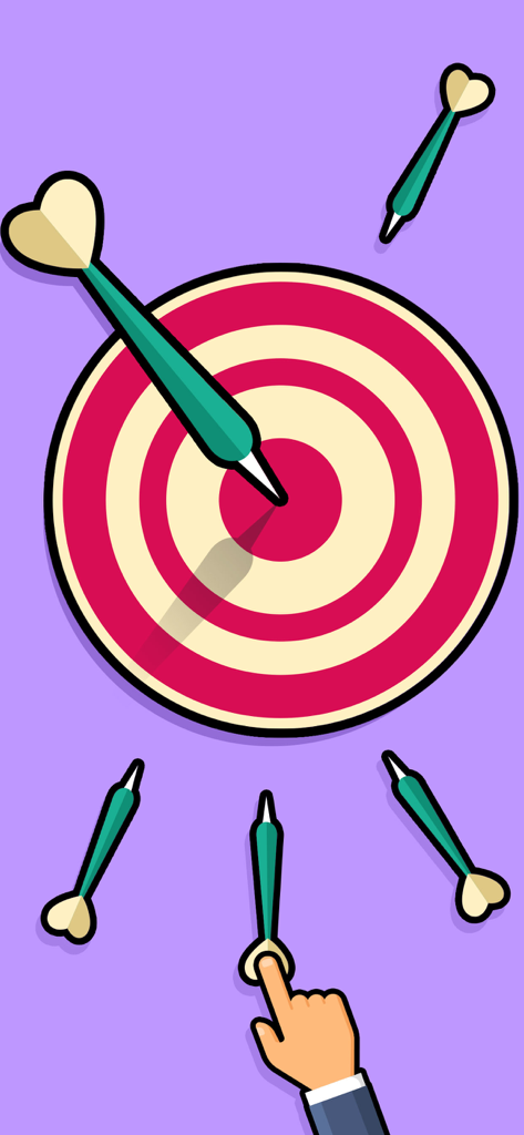 Uma mão lançando um dardo verde em um alvo vermelho no centro em um jogo para celular