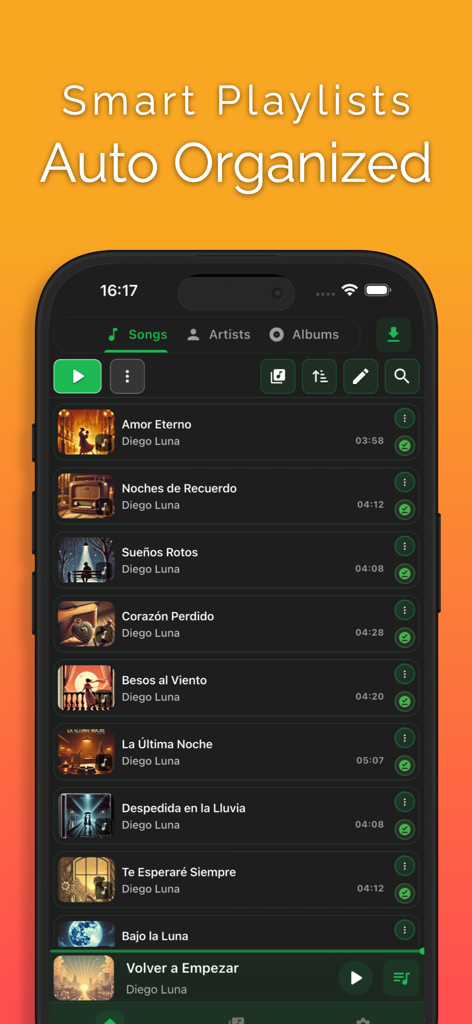 Offline Music Player - Muzika - Pantalla de la aplicación Muzika, reproductor de música sin conexión, que muestra una lista de canciones organizadas y listas de reproducción inteligentes