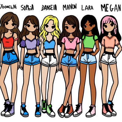 a group of girls wearing crop tops and shorts